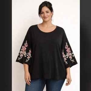 I.N.C| 2X Knit Top Embroidered 3/4 Kimono Sleeves Relaxed Feminine Drapey Casual